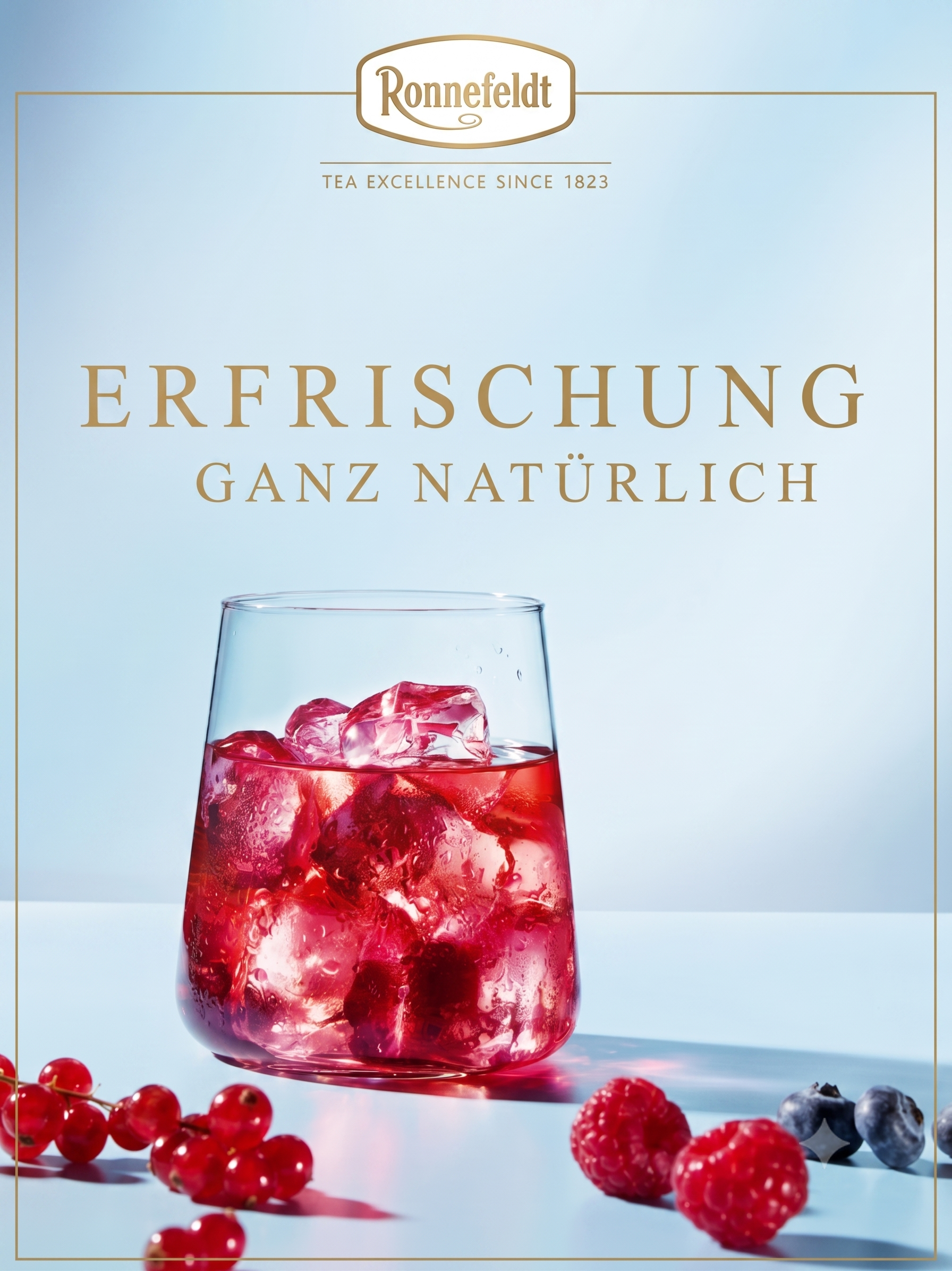 Poster showing a glass with red iced beverage and berries on a light blue background; Franco-like logo and text 'ERFRISCHUNG GANZ NATÜRLICH' with 'Ronnefeldt' at top.